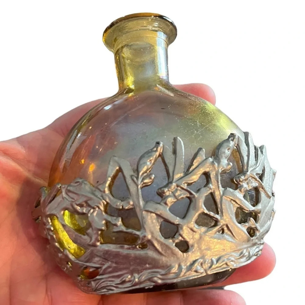 Vintage Iridescent Glass Perfume Bottle Metal Encased Fireflies - Picture 7 of 7